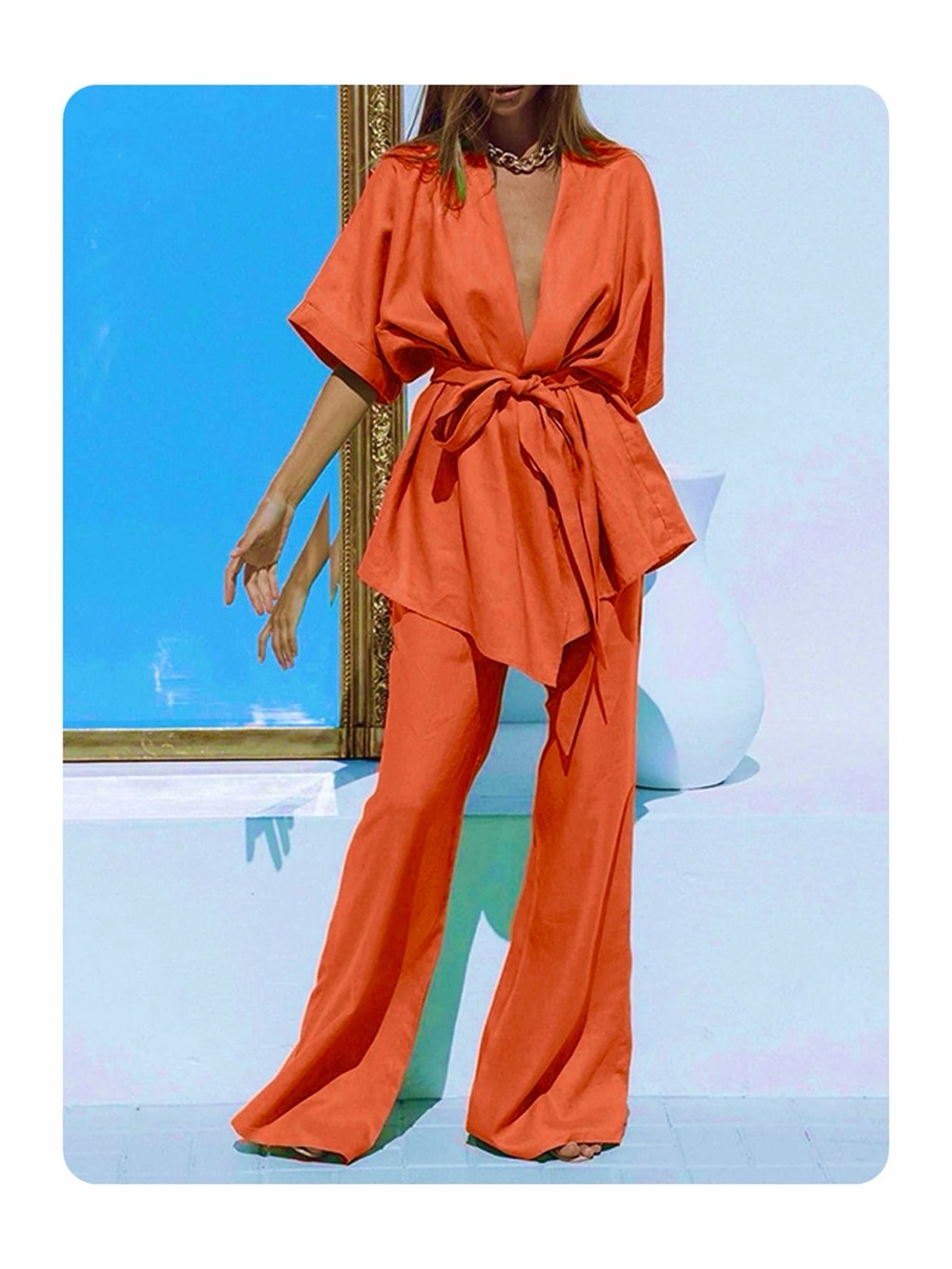 ★ Commense NWT Women’s Oversized Linen Tied Two Piece Pants Set Orange S ★
